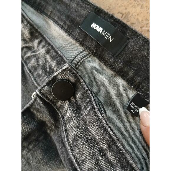 Nova Mens Black Jeans Sz 42 Switch Up The Flow Stacked Slim Fade Detail Distress - Picture 15 of 16